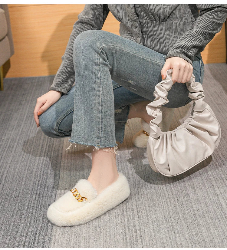 2023 winter women's outdoor plush warm shoes british style metal chain decoration snow boots boat shoes Ladies' casual flats - reetell