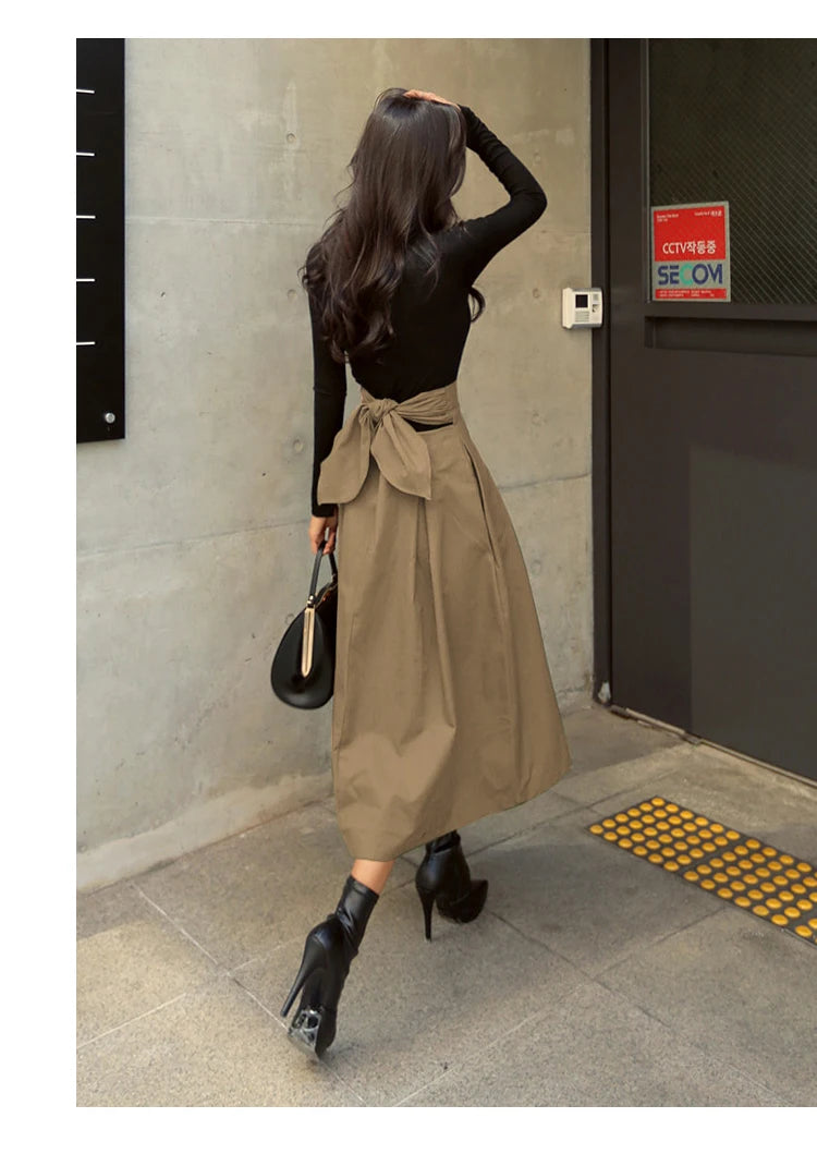 Skirts Womens Korean Fashion Solid Color Big Swing Ladies Skirt Long Skirt 2022 Autumn Wild High Waist Bow Slim Skirts - reetell