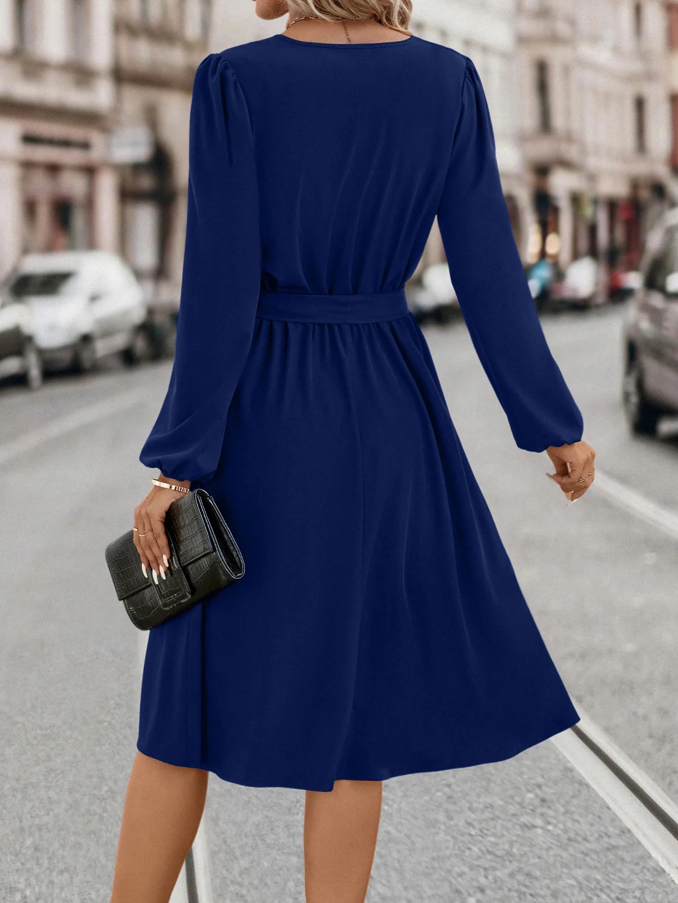 Elegant Women's Solid Color Lace Up Knee Length Dress 2024 New Autumn Winter Women's Long Sleeved V-neck Dress Vestido Femininos - reetell