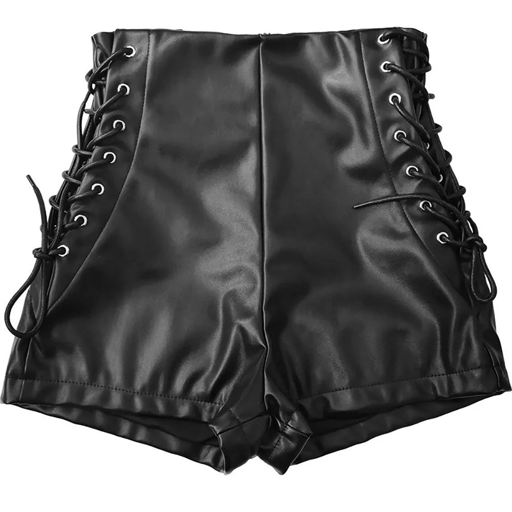 Sexy Black PU Fashion Casual Summer Shorts Women Faux Leather Lace Up Goth Club High Waist Shorts Y2K  Slim Short Pants Ecoparty - reetell