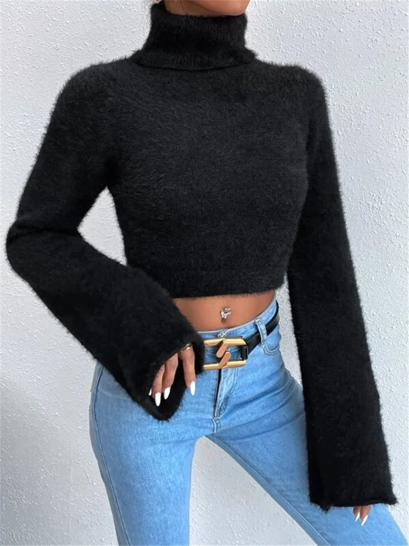 Autumn and winter Europe and the United States cross-border new Amazon turtleneck short belly button fleece sweater - reetell