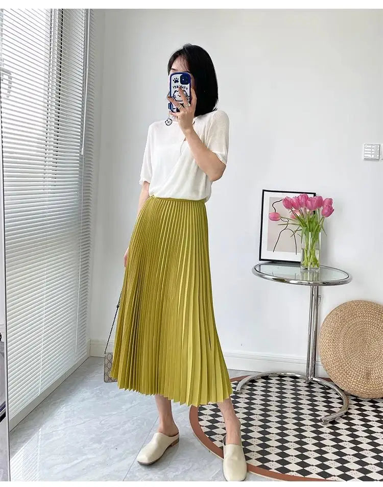 2023 Women Elegant Pleated Skirt High Waist Women Mid-long Skirt Female Ladies High Quality Women Midi Skirt Black Saia - reetell