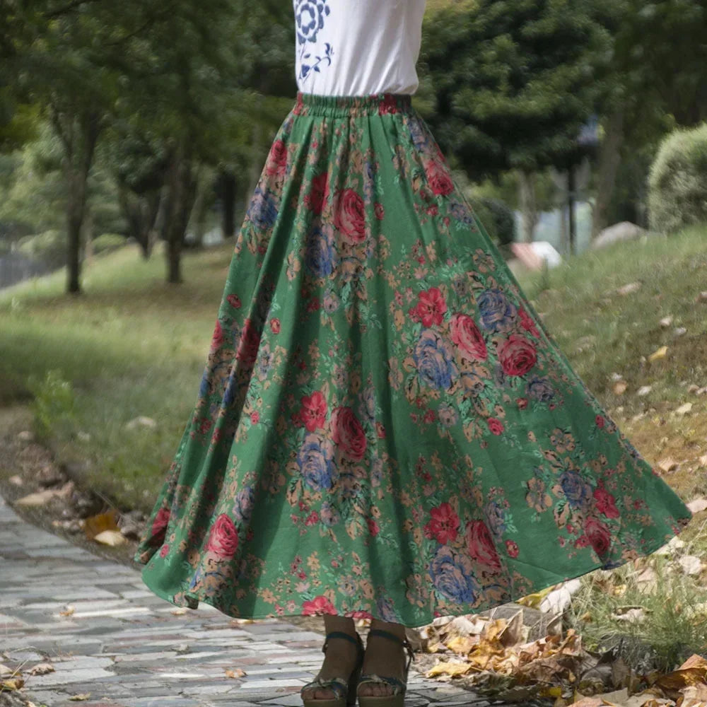 Fashion Summer Cotton Linen Women Skirt Saia Casual Vintage y2k Print Long Skirts Woman Clothes Bohemian Faldas Maxi Bottom Jupe - reetell