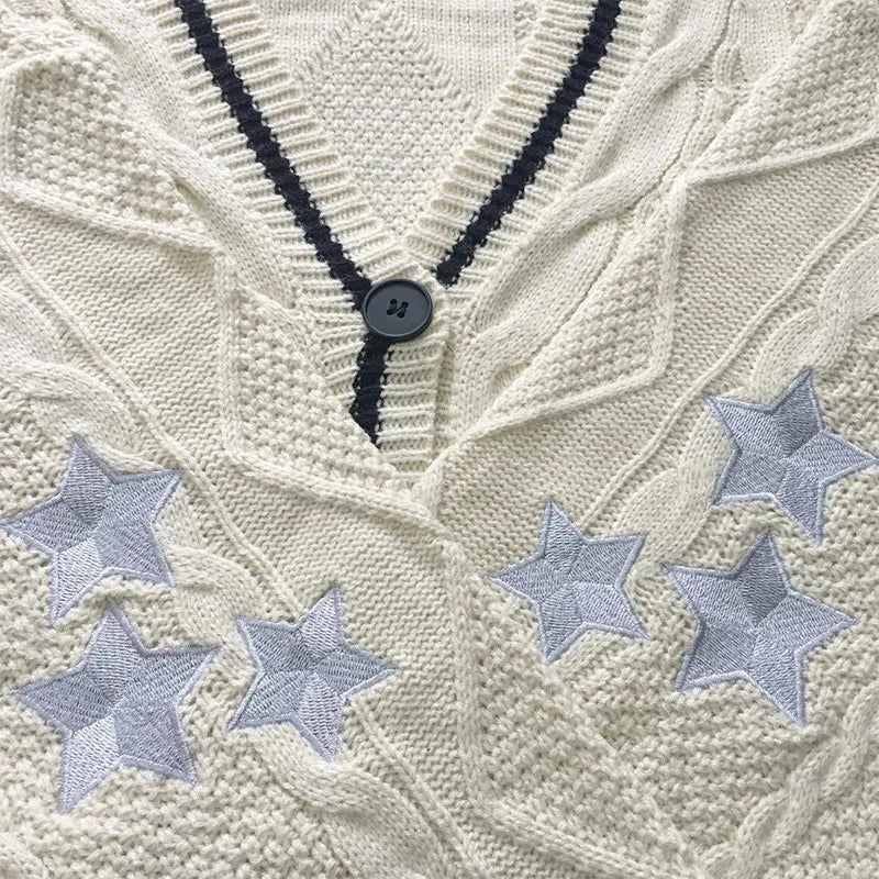 Chic Vintage Star Print Knitted Cardigan Preppy Cute Button Up V Neck Long Sleeve Coat Autumn Y2K Aesthetics Retro Sweater - reetell