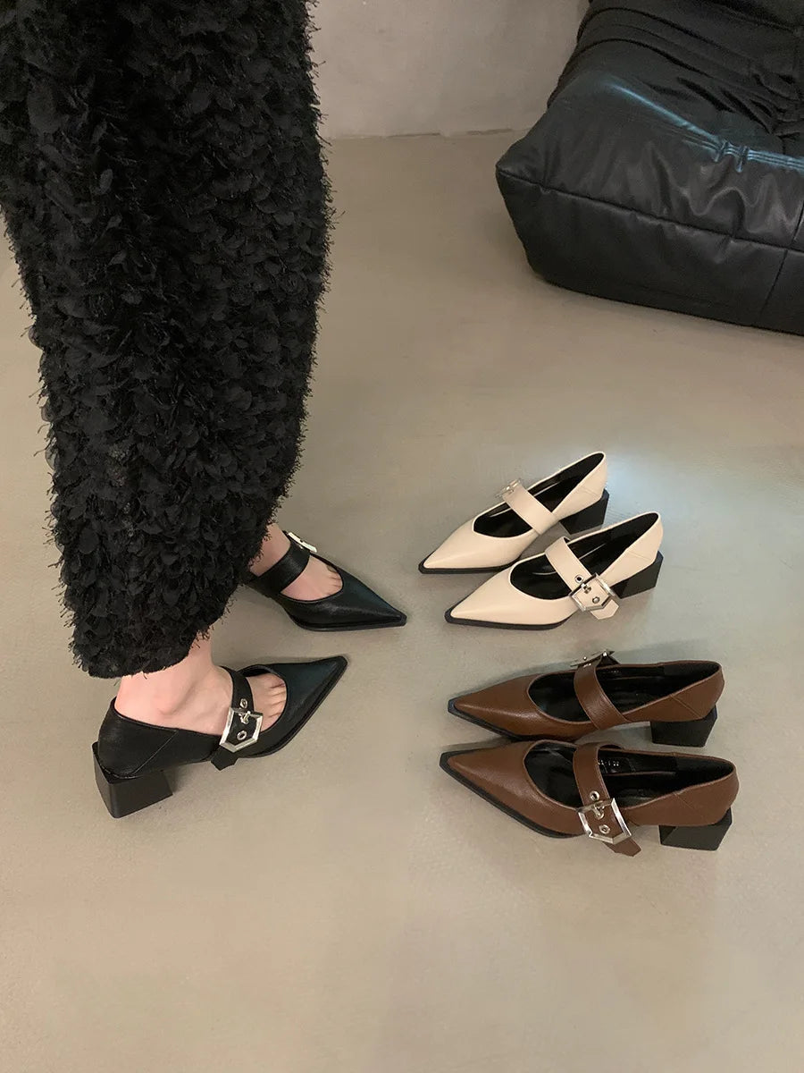 Retro Pointed Mary Jane Small Leather Shoes for Women 2024 Autumn and Winter New Korean Version of Chunky Heel Loafers