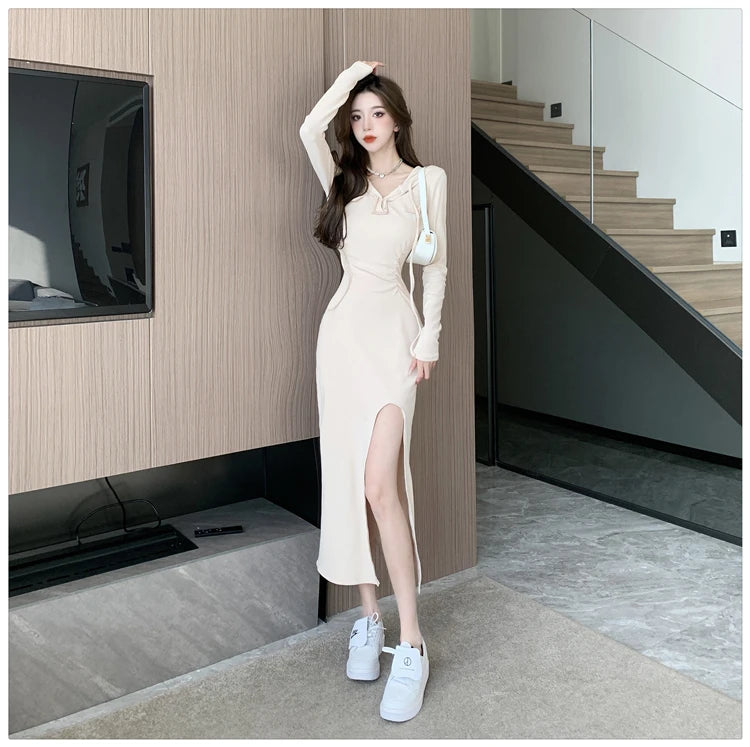 Autumn Fashion Solid Hooded Party Dresses for Women Elegant Birthday Evening Dress Female Sweatshirt Slit Midi Vestidos Mujer - reetell