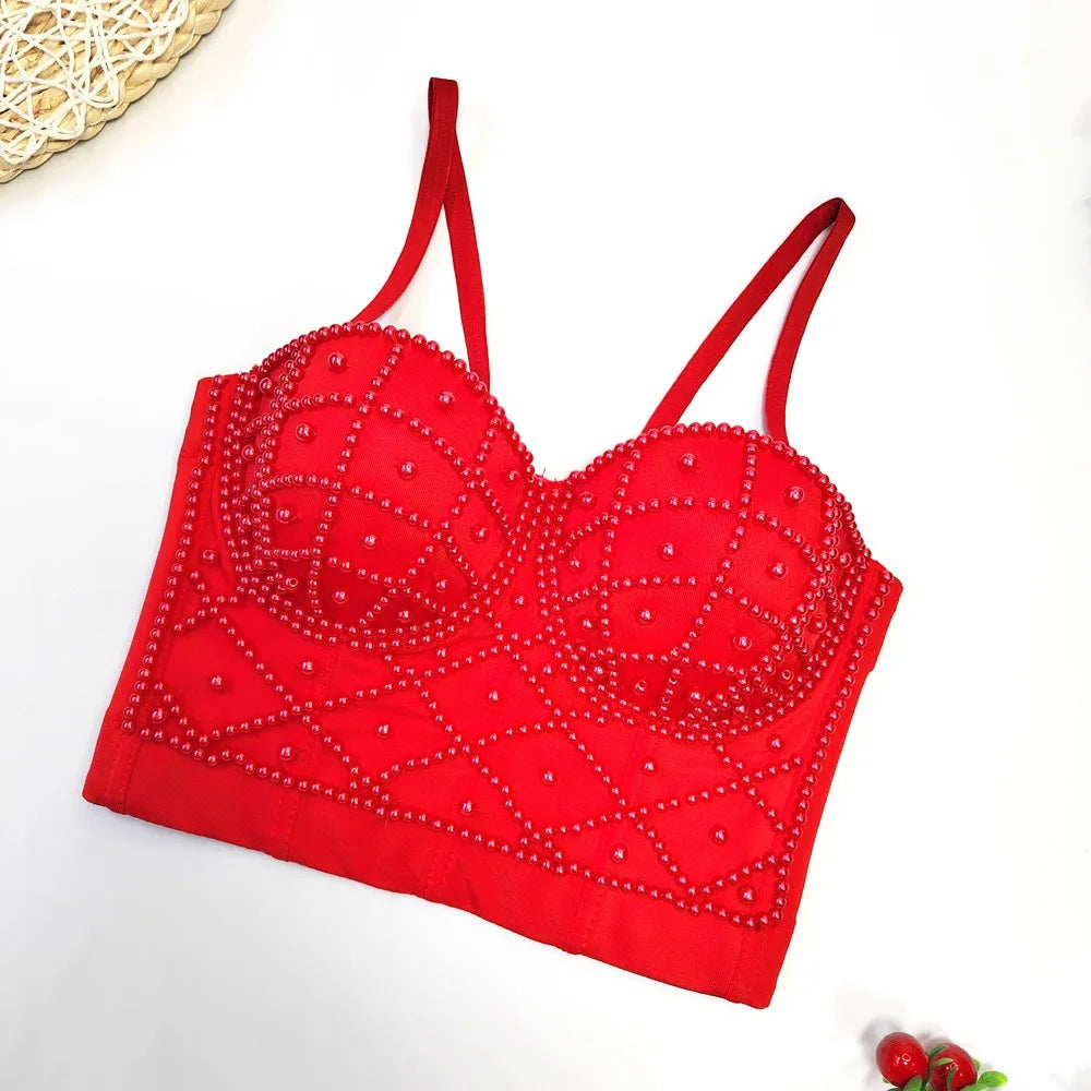 IRENE TINNIE Full Beads Female Trend Corset Top Women Crop top Push Up Tube Bra Nightclub Pearl Short Chest Binder Sexy Camisole - reetell