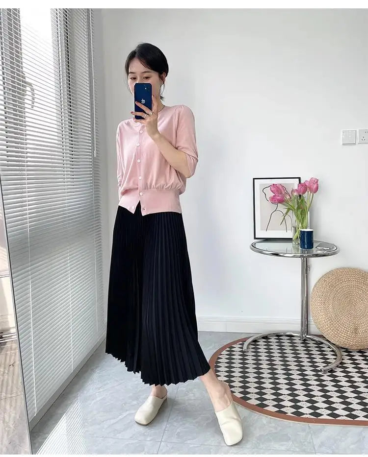 2023 Women Elegant Pleated Skirt High Waist Women Mid-long Skirt Female Ladies High Quality Women Midi Skirt Black Saia - reetell