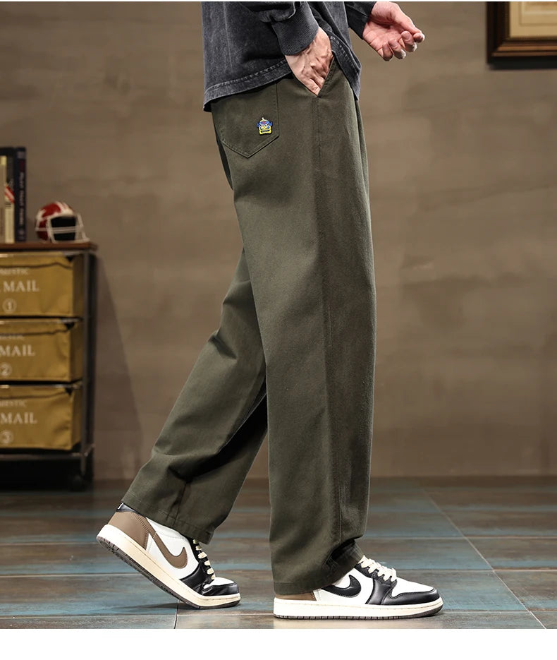 HIQOR Men Casual Pants Fashion Jogger Pant Loose Straight Wide Leg Trousers Cotton Vintage Cargo Pants Man Solid Streetwear Men