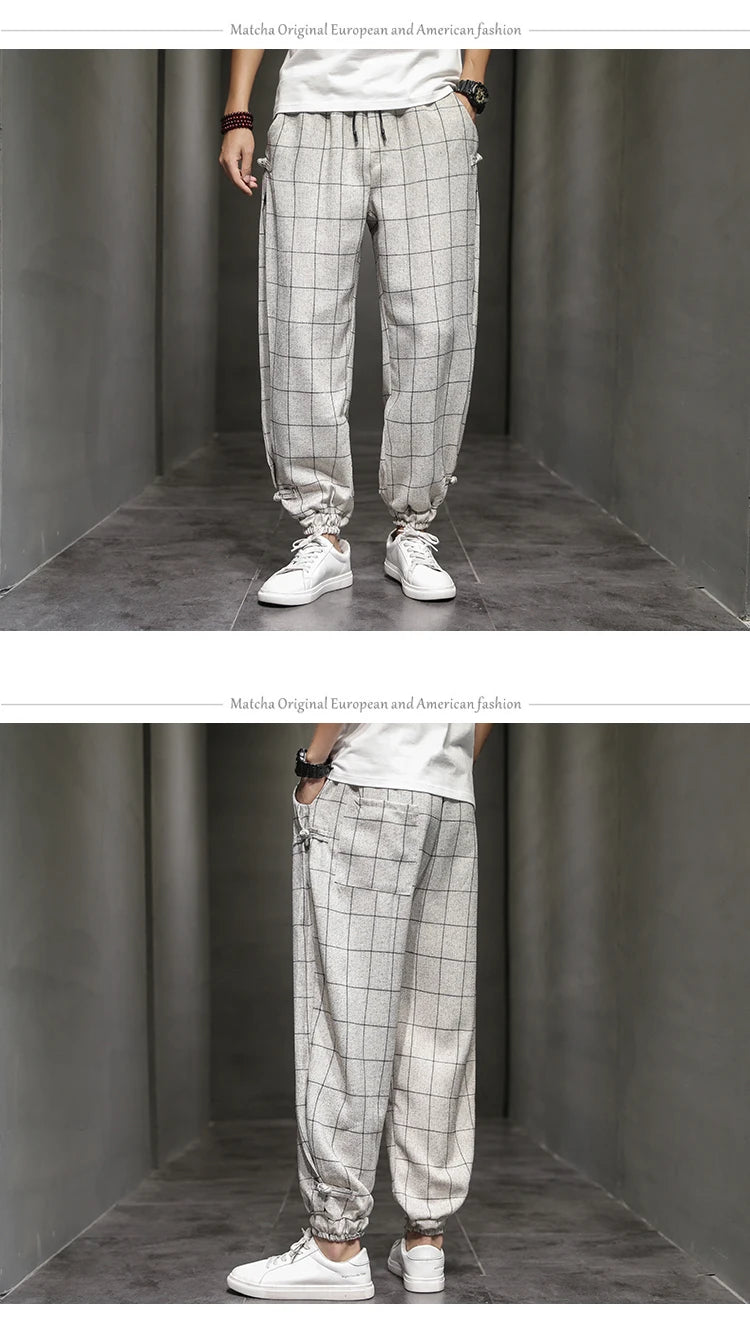 Cotton Linen Pants for Men New Trend Disc Buckle Hallen Pants Man Spring Summer Comfortable Breathable Casual Pants