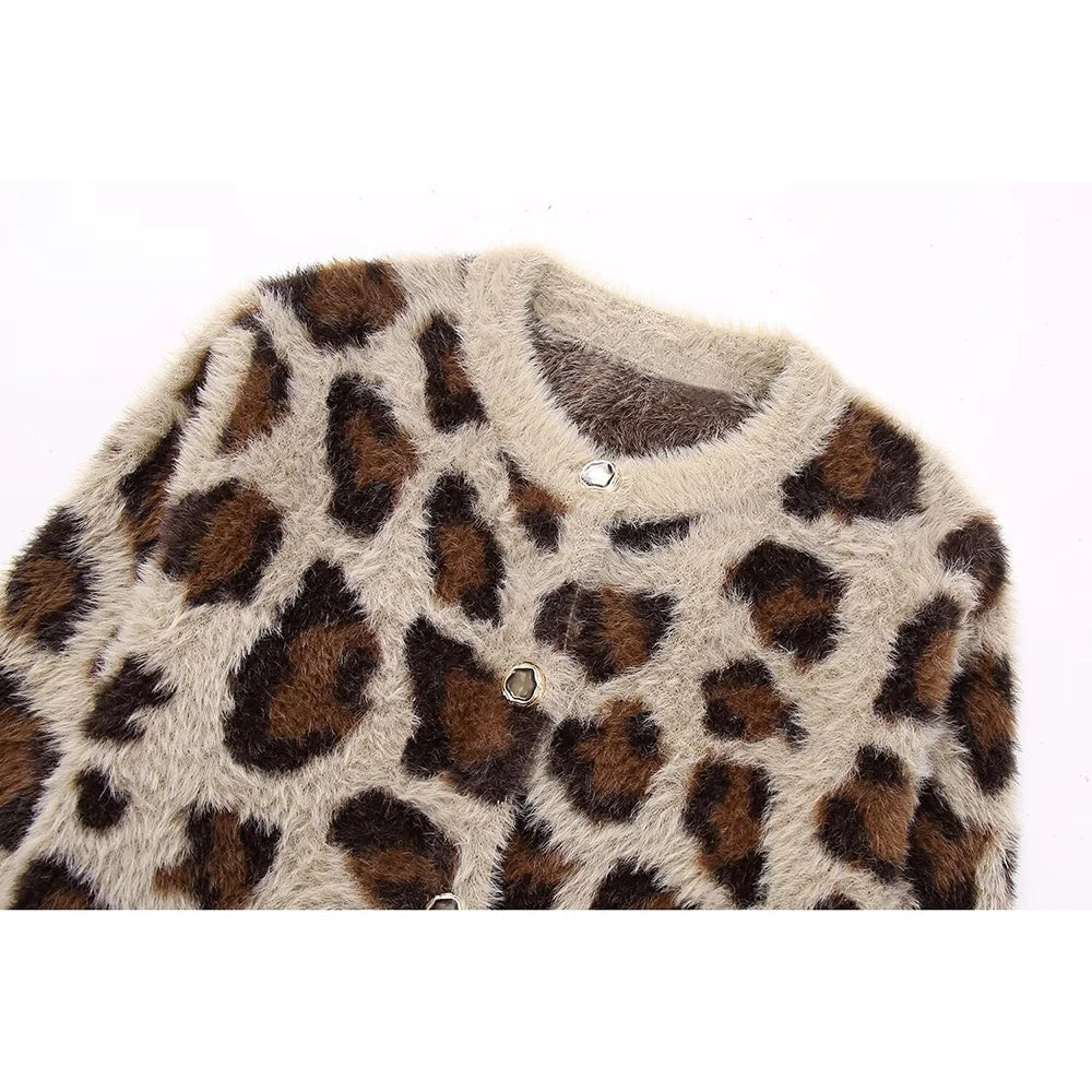 Aoaiiys Knitting Cardigan for Women Sweaters Leopard Single Breasted O-Neck Long Sleeve Autumn Winter Warm New Fashion Cardigans - reetell