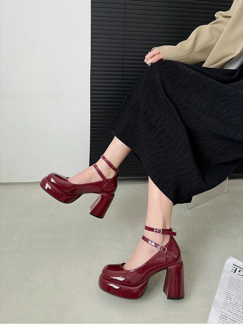 Designer Platform Women Mary Jane Shoes Fashion Elegant Double Buckle Thick Heel Shoes Ladies Dress Pumps High Heel Party Shoes