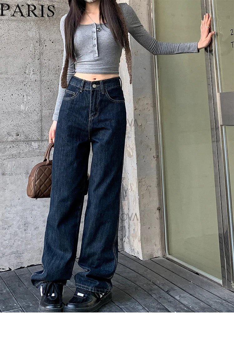 ZOENOVA High Waist Straight Women's Jeans 2024 Spring Korean Fashion Ladies Simple Versatile Loose Dark Blue Wide Leg Trousers - reetell