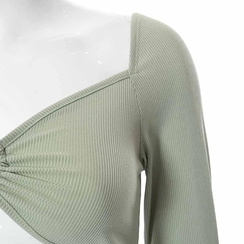 Hollow-Out V-neck Long Sleeve Crop Tops Spring Fall Casual Fashion Women Square Collar Slim Ribbed T-Shirts Backless Tee - reetell