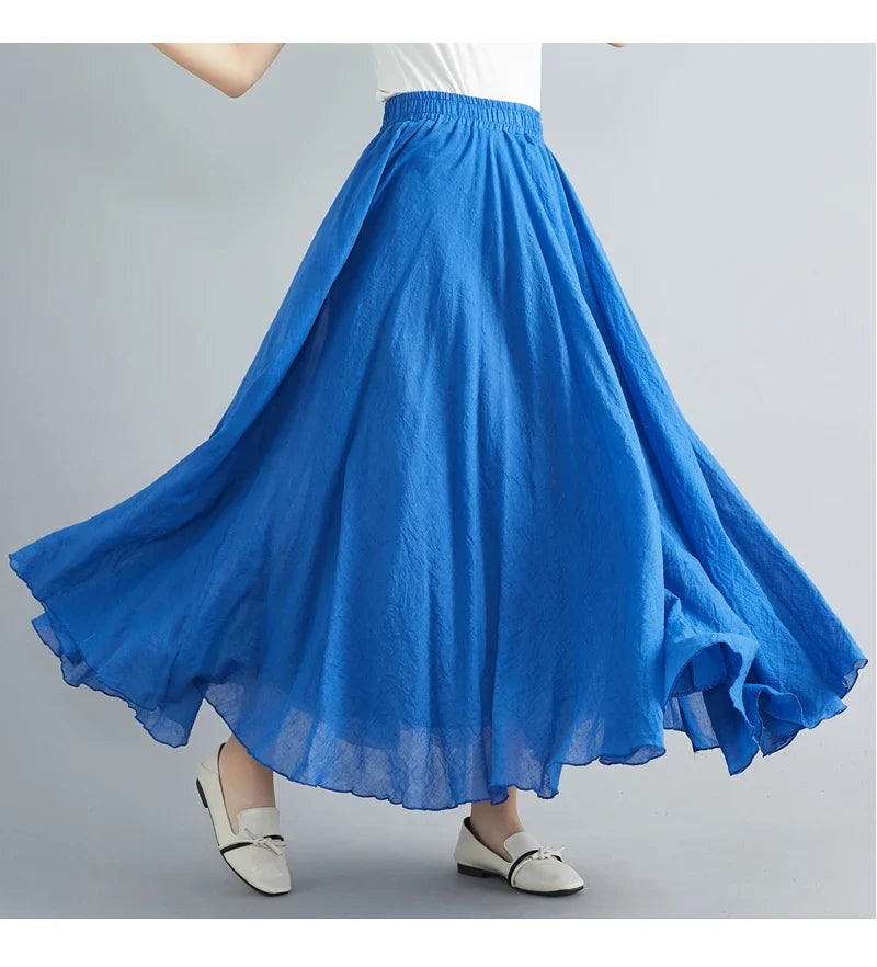 Solid Cotton Linen Women Skirts Maxi Ethnic Style Beach Saia Ropa Mujer Casual Harajuku Boho Long Skirt Woman Clothing Faldas - reetell