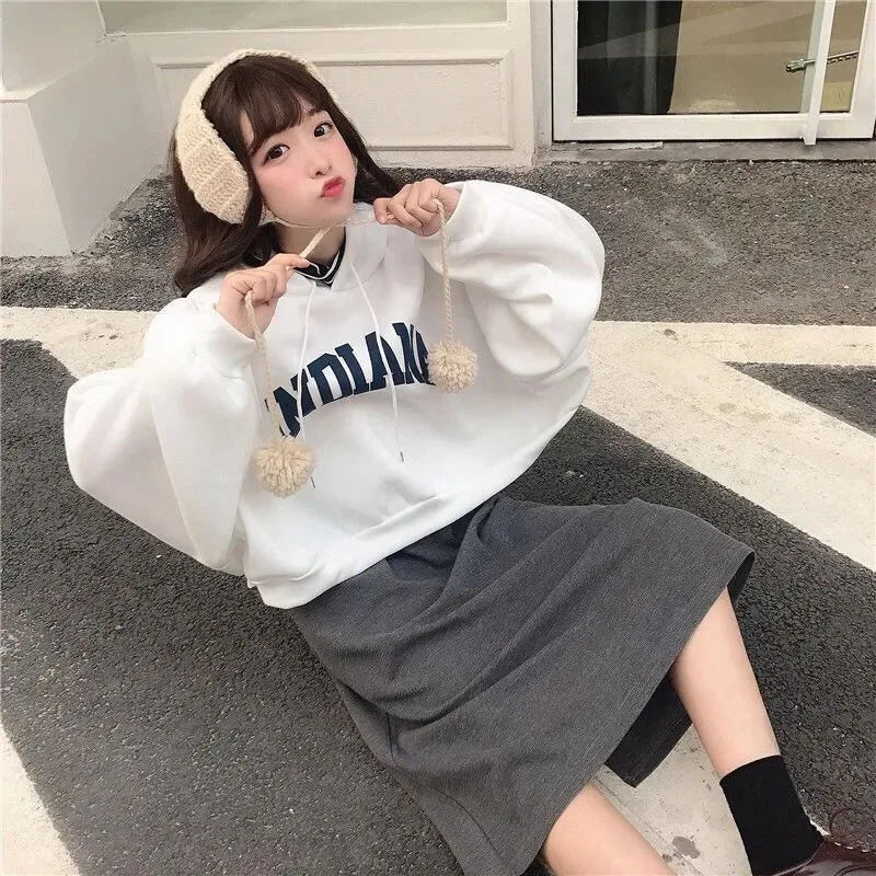 Autumn Thick Women Hoodies Fashion Loose Fake Two Piece Letter Printing Tops Harajuku Warm Preppy All Match Crop Sweatshirts - reetell