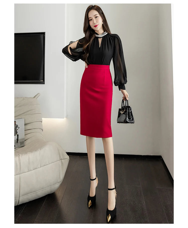 Classic Vintage Gray Red Stretch Pencil Skirts For Women Office Lady Formal Black Midi Skirts Elegant Female Package Hip Skirts - reetell