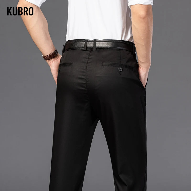 KUBRO Men's Summer Thin Fashion Business Casual Suit Pants Long Pants Men's Elastic Straight Sleeve Formal Pants Plus Size 28-40 - reetell