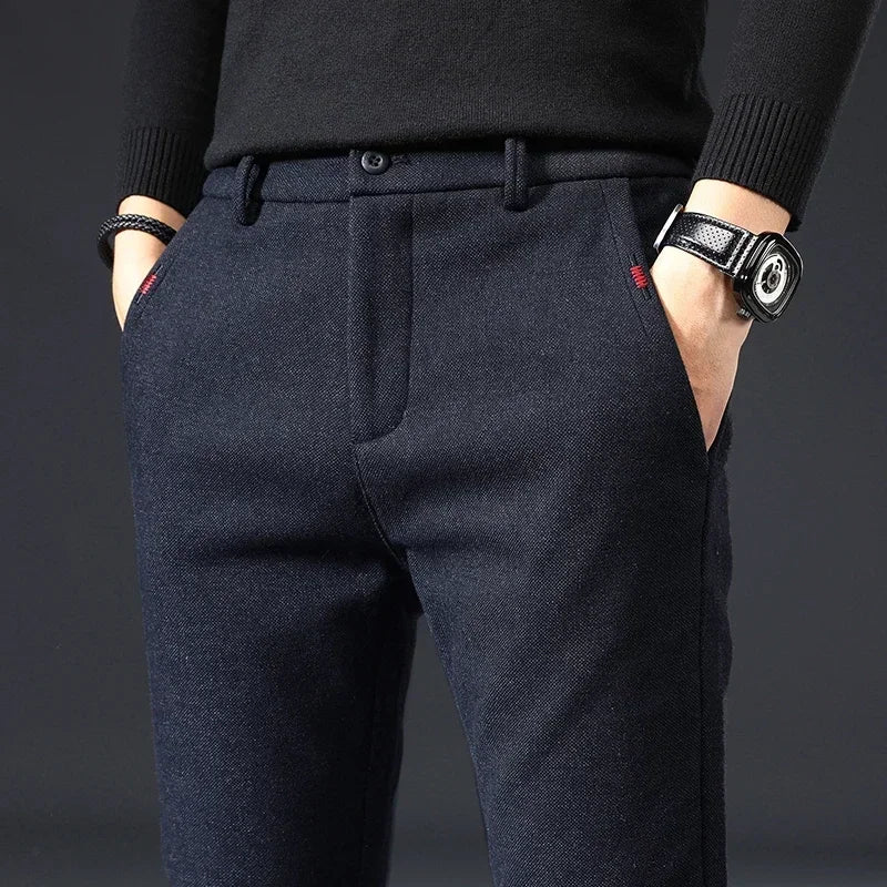 2023 New Autumn Winter Classic Work Stretch Pants Men Cotton Business Slim Fit Grey Black Korea Thick Casual Cargo Trousers Male - reetell