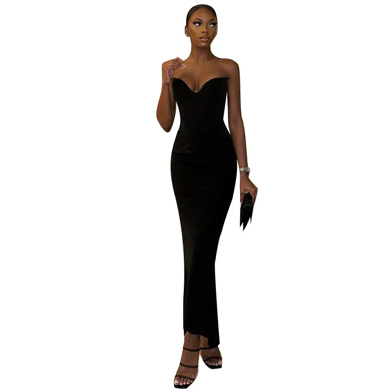 Sexy Black Strapless Corset Dresses for Women, Elegant V Neck, Backless Bodycon, Long Maxi Dress, Evening Party - reetell