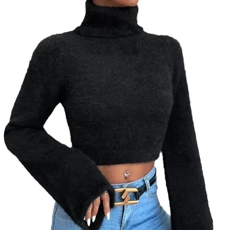 Autumn and winter Europe and the United States cross-border new Amazon turtleneck short belly button fleece sweater - reetell