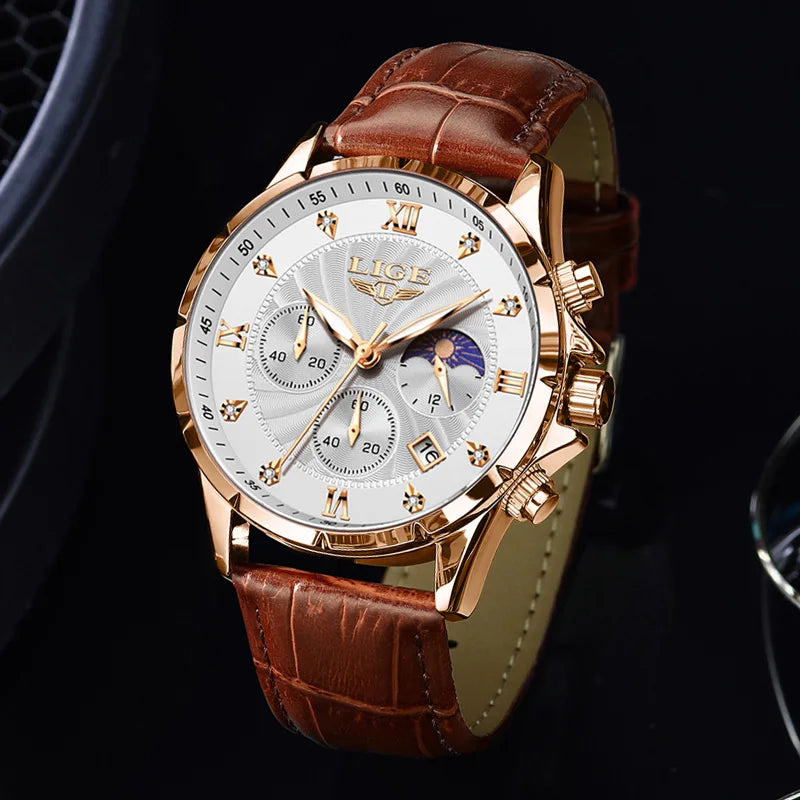 LIGE Mens Watches Casual Business Watch Men Luxury Waterproof Date Luminous Chronograph Wristwatch Quartz Watch Leather Clock