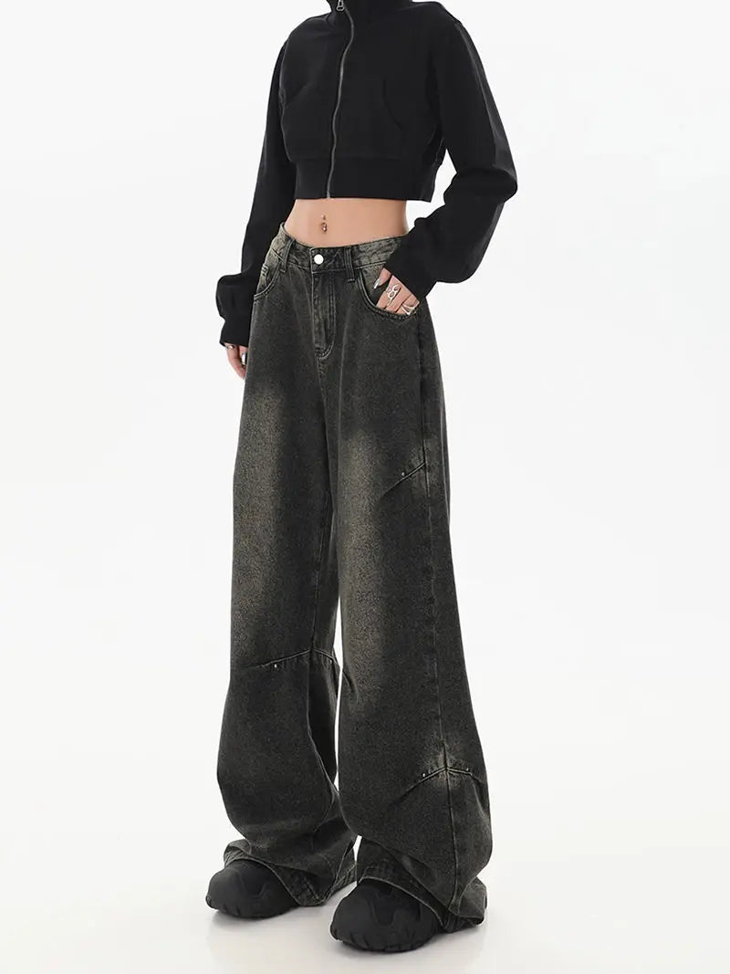 Deeptown Y2k Vintage Black Jeans Women Streetwear Baggy Denim Pants Wide Leg Harajuku Korean Trousers Goth Spring 2024 American - reetell