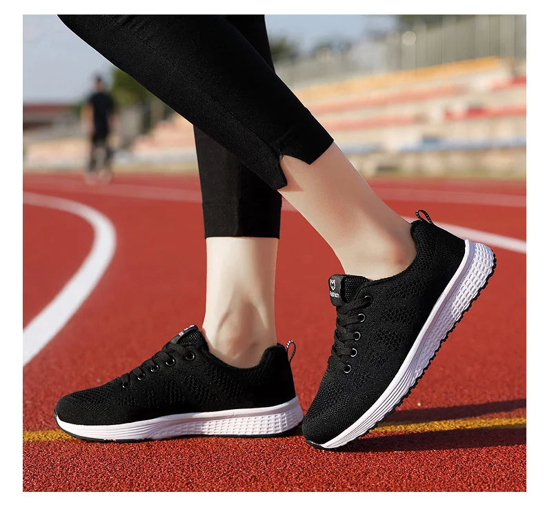 Women Casual Shoes Breathable Walking Mesh Lace Up Flat Shoes Sneakers Women Tenis Feminino Pink Black White - reetell