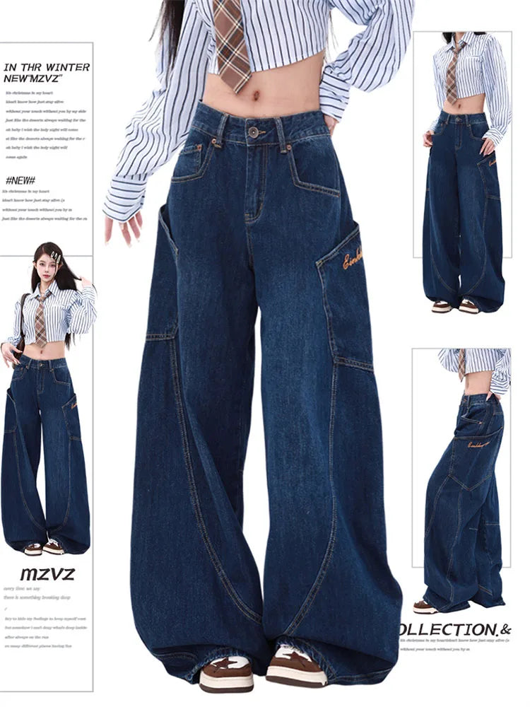 WCFCX STUDIO Women's Wide Leg Jeans American Vintage Street Style High Waisted Casual Trousers Design Sense Niche Baggy Pants - reetell