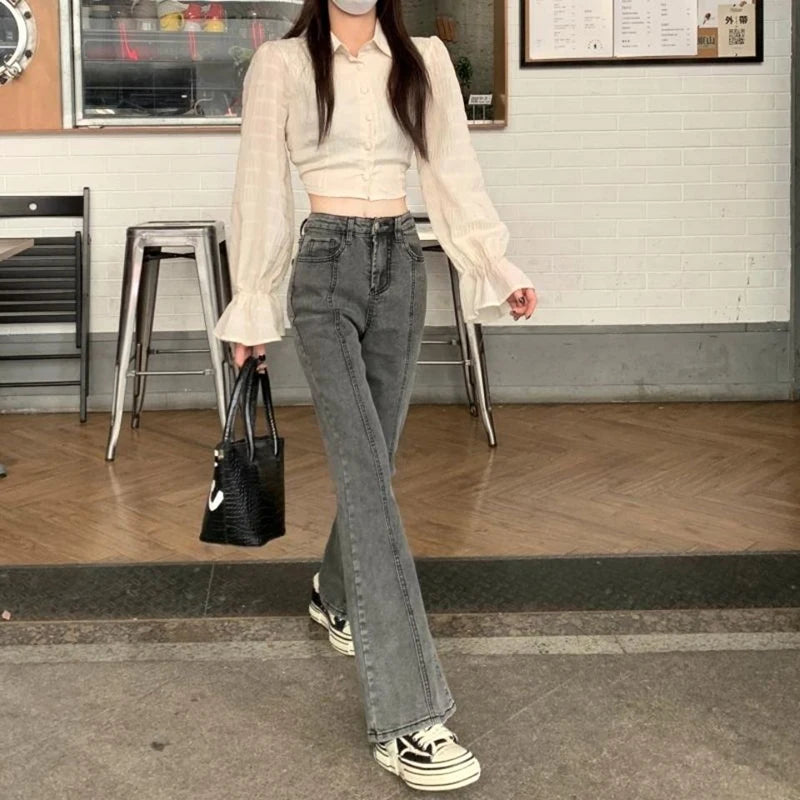 Vintage High Waist Flare Jeans High Street Women Boot Cut Denim Pant Slim Loose Korean Casual Button Up Zippers Gray Trousers - reetell