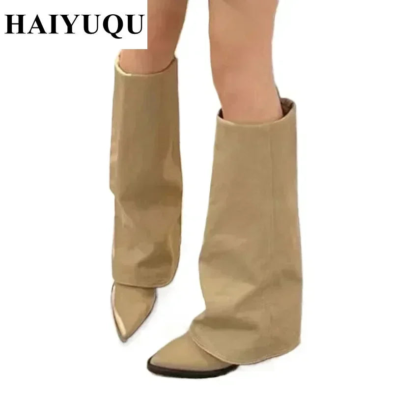 Knee High Heels Women Boots Leather Chunky Fashion Shoes Pointed Toe Snow Long Boots New Designer Pumps Punk Chelsea Botas Mujer