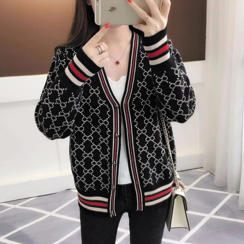 Knitting Cardigan Coat Female 2023 New Autumn Winter Korean Loose Buttons Vintage Patchwork Knitwear Women Clothing V-neck Tops - reetell