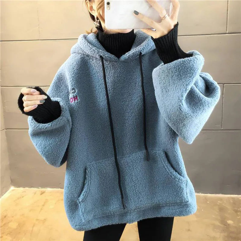 Faux Lamb Sweatshirt Women Loose Fake Two Piece Fashion Hoodies Fluffy Big Pocket Letter Long Sleeve Winter Female Tops - reetell