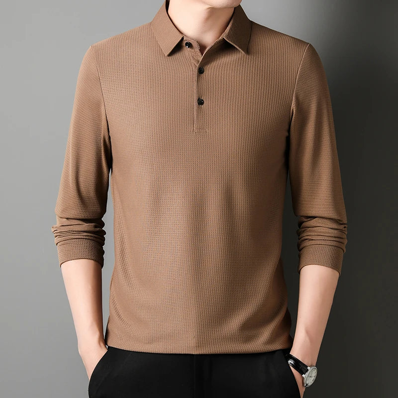 Men's Business Casual Polo Long Sleeve T-shirt Summer Comfortable  Solid Cotton Top