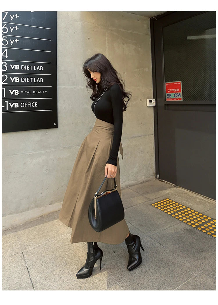 Skirts Womens Korean Fashion Solid Color Big Swing Ladies Skirt Long Skirt 2022 Autumn Wild High Waist Bow Slim Skirts - reetell