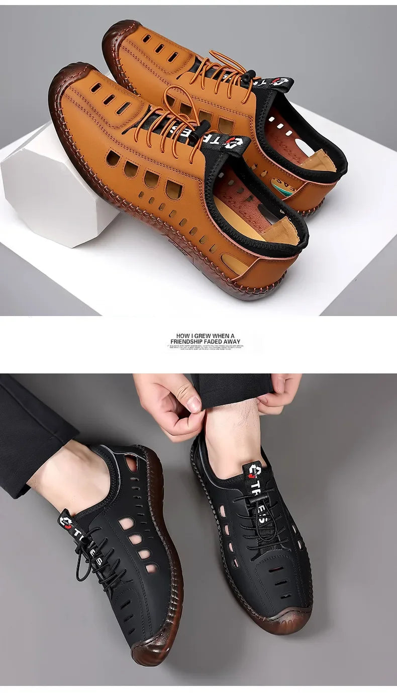 Men Sandals Fashion Pu Leather Beach Slippers Summer Breathable Sandals for Men Outdoor Non-slip Tendon Male Sole Casual Shoes