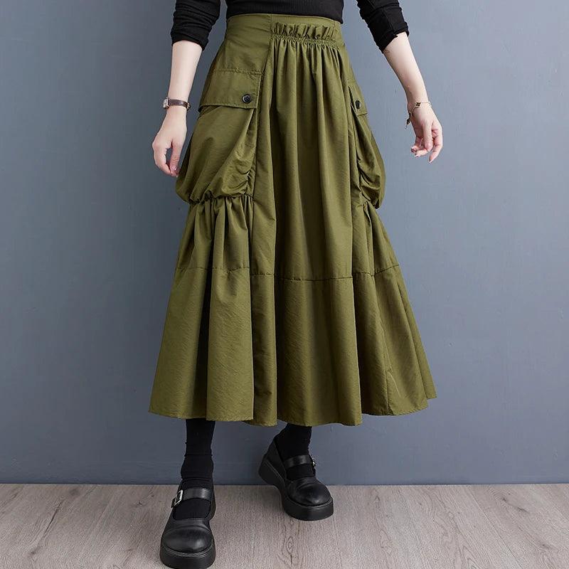 Oversized Spring Autumn Cargo Midi Skirt Women Elastic High Waist Fashion Ruffle Pleated Ladies Skirts Loose Casual Woman Skirt - reetell