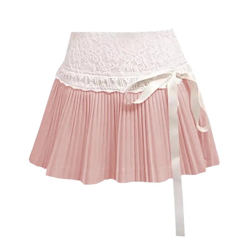 Deeptown Coquette Pleated Skirt Women Fairycore Elegant Mini Skirts Kawaii Sweet Lace Up Bow Cute Fanshion Summer Short Skirt - reetell