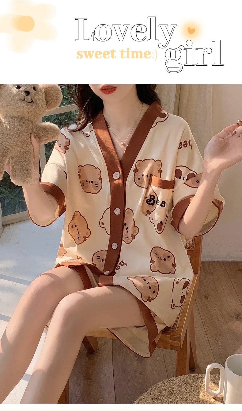 Korean Pajamas Set for Women Summer Loungewear Sleepwear Girls Sweet Lapel Pyjama Kawaii Bear Printed Pijamas Japanese Home Suit