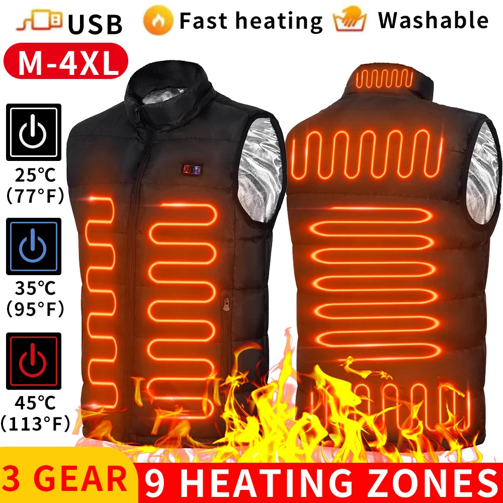 9 Areas Heated Vest Jacket USB Men Winter Electrically Heated Thermal Waistcoat for Hunting Hiking Warm Hunting Jacket - reetell