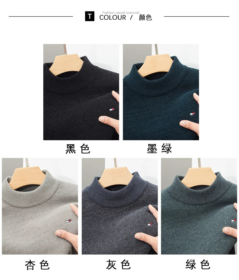 New Brand Men's Knitted Sweater Winter Mock Neck Warm Casual Solid Color Embroidered Pullover Korean Fashion Casual Men Clothing - reetell