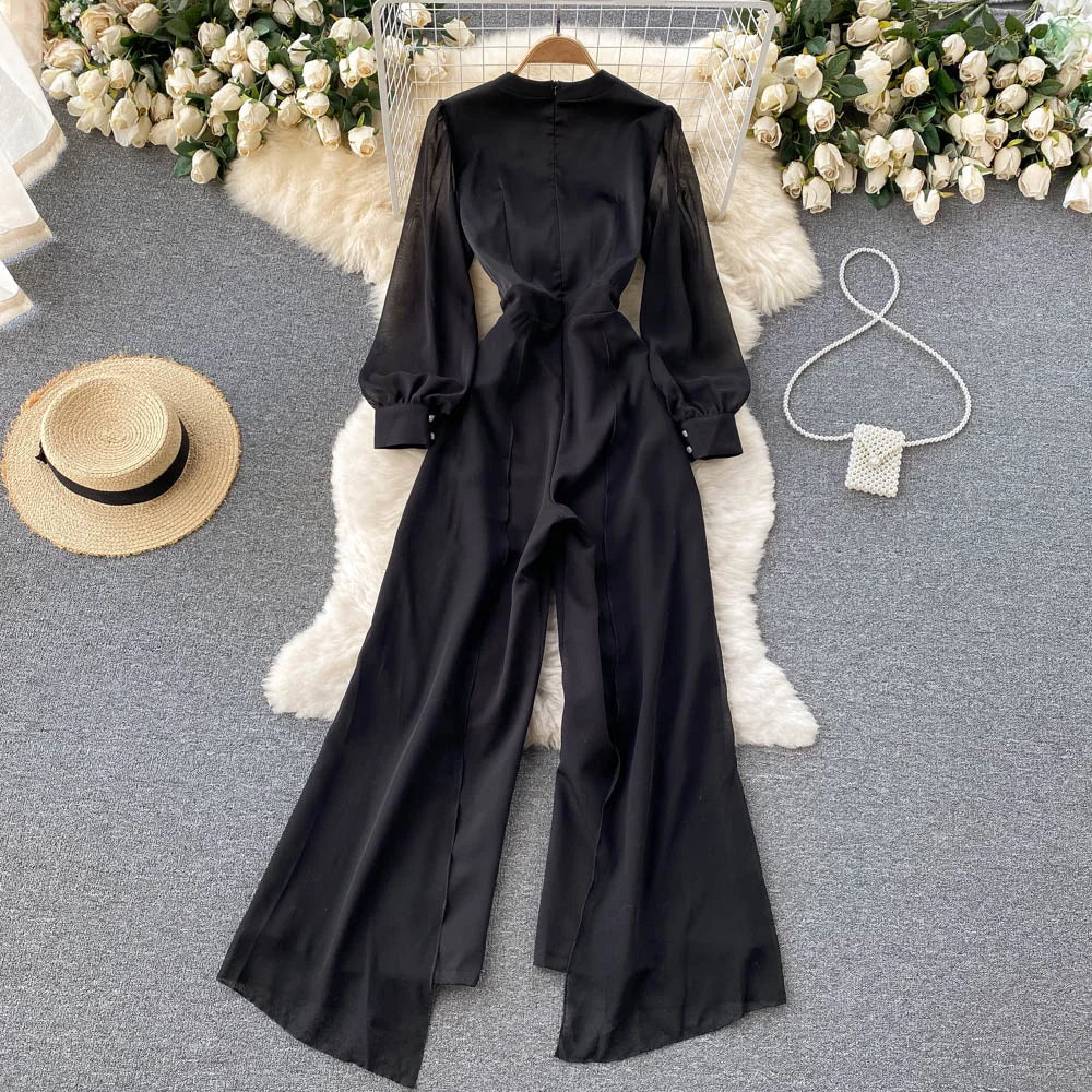 EWQ Elegant Style Chic Jumpsuit Women V-neck Long-sleeve Mesh Patchwork Solid Color Female Jumpsuits Autumn 2023 New 27SN3727