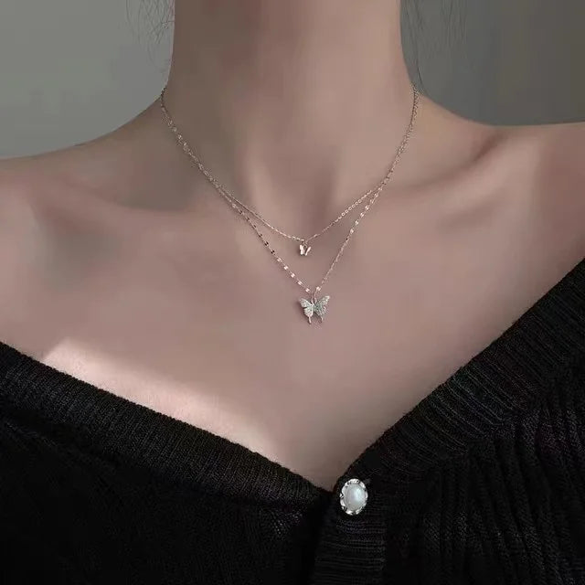 Imitation Pearl Beads Five-leaf Flower Pendant Double Layer Necklace for Women Fashion Daily Accessory Jewelry Birthday Gifts