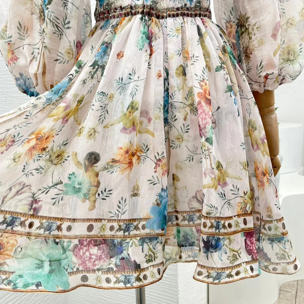 2024 New Collection Multicolor Floral Print 3/4 Sleeve Diamonds Pressed Deep V-neck High Quality Linen Silk Women Mini Dress - reetell