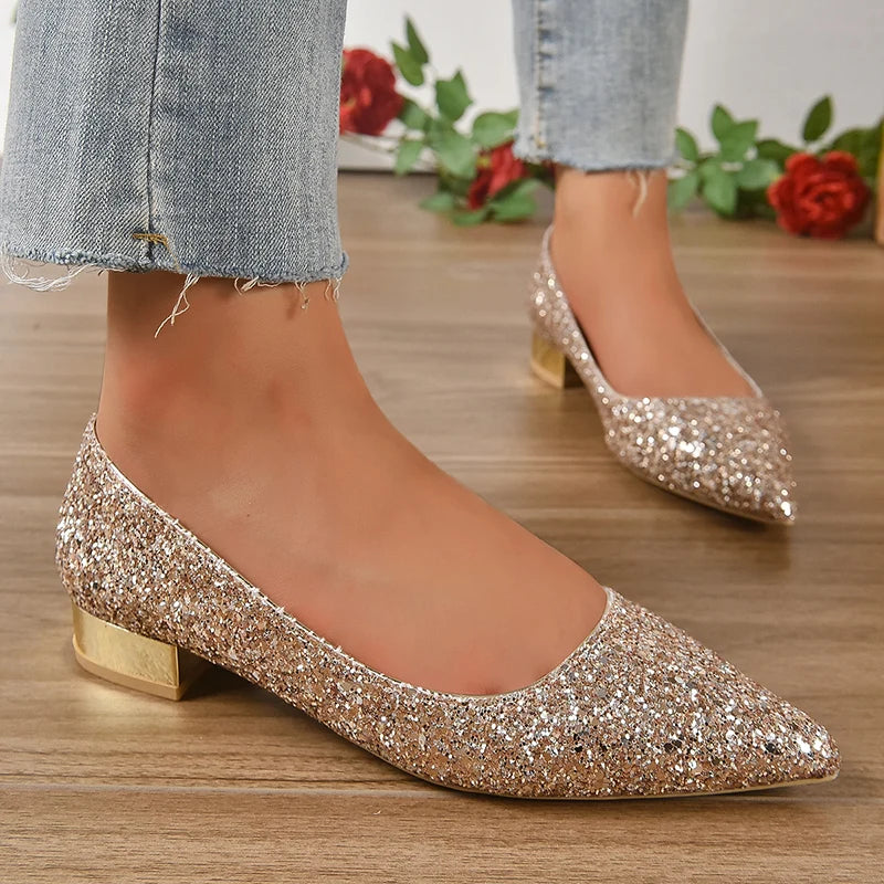 Gold Low Heels Pumps Women 2023 Spring Shiny Sequins Pointed Toe Party Shoes Woman Plus Size Simple Thick Heeled Bride Shoes