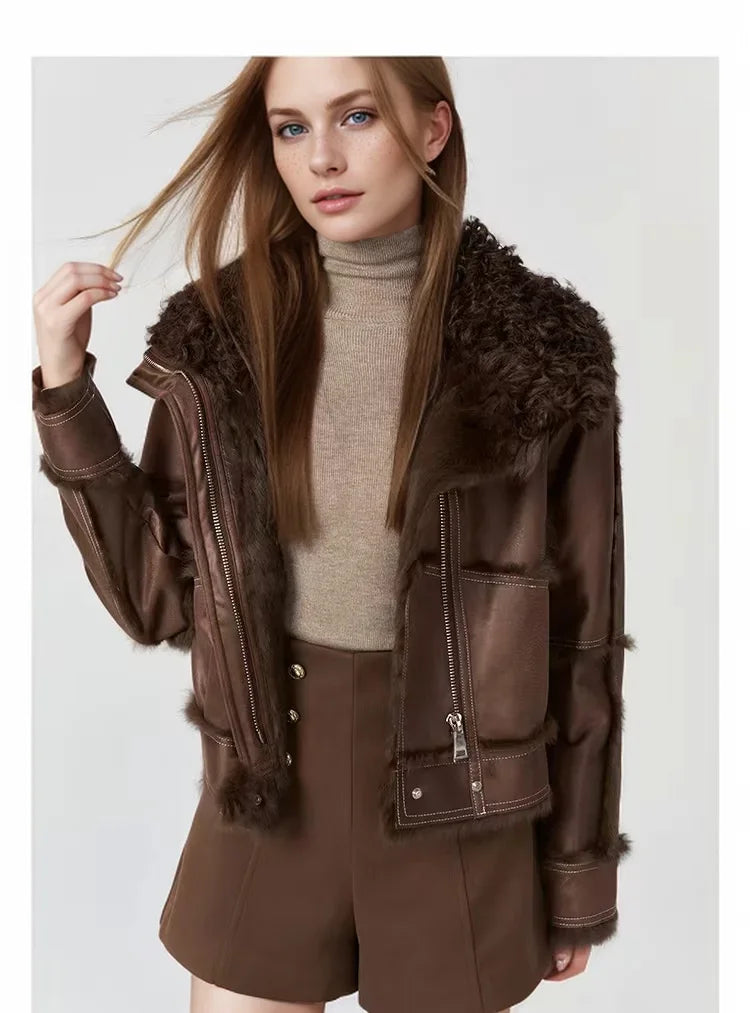 2024 Winter Short Style Fur Women Sheepskin Jacket Tanned Suede Luxury With 100%Natural Rabbit Lining Luxury Fashion Fur Coat - reetell