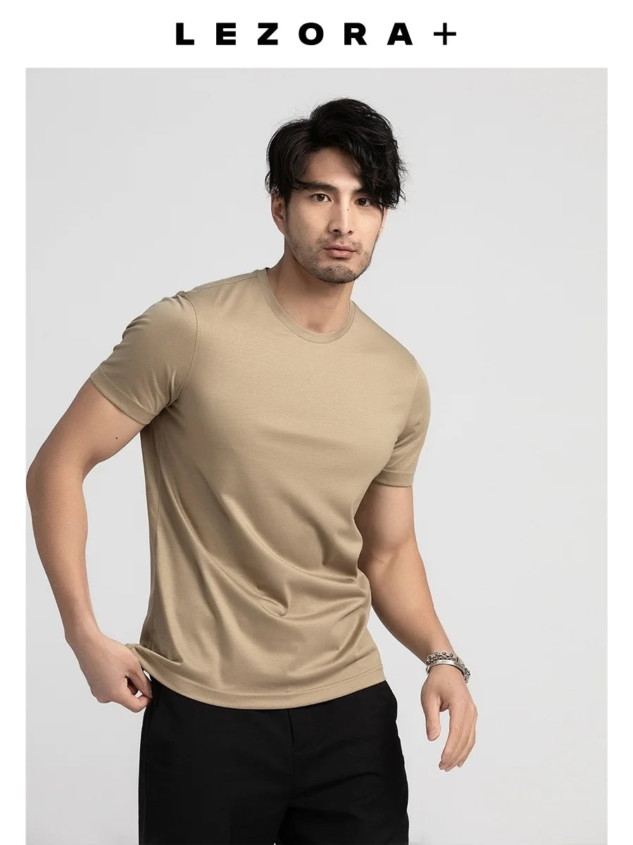 Summer Men Mulberry Silk Mercerized Cotton T Shirt V-neck Loose Short Sleeve Basic T-shirts 7%Silk