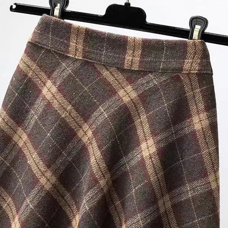 Rimocy Autumn Winter Woolen Skirt Women 2023 Korean Style Thick High Waist Long Skirt Woman A Line Pleated Plaid Skirt Female - reetell