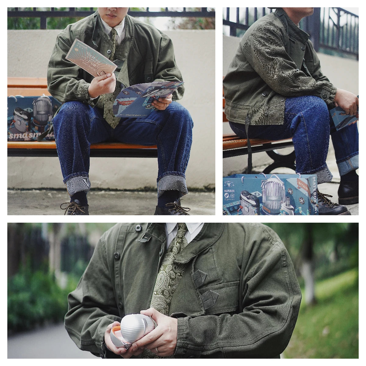 Maden Green Retro bomber Jackets Misplaced Oblique Buckle Swedish Motorcycle Men's AMEKAJI Cotton Autumn Winter Coat