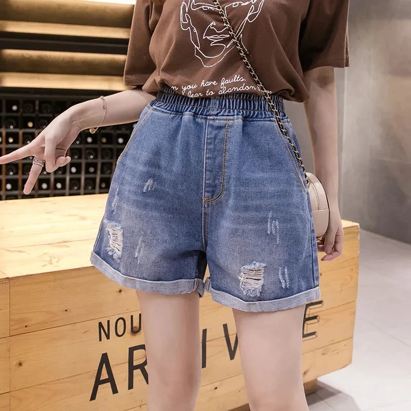 Large Size Broken Hole Cowboy Shorts Women Thin Section Wide Loose Tight High Waist Skinny A Word Wide Leg Fattening Hollowing - reetell